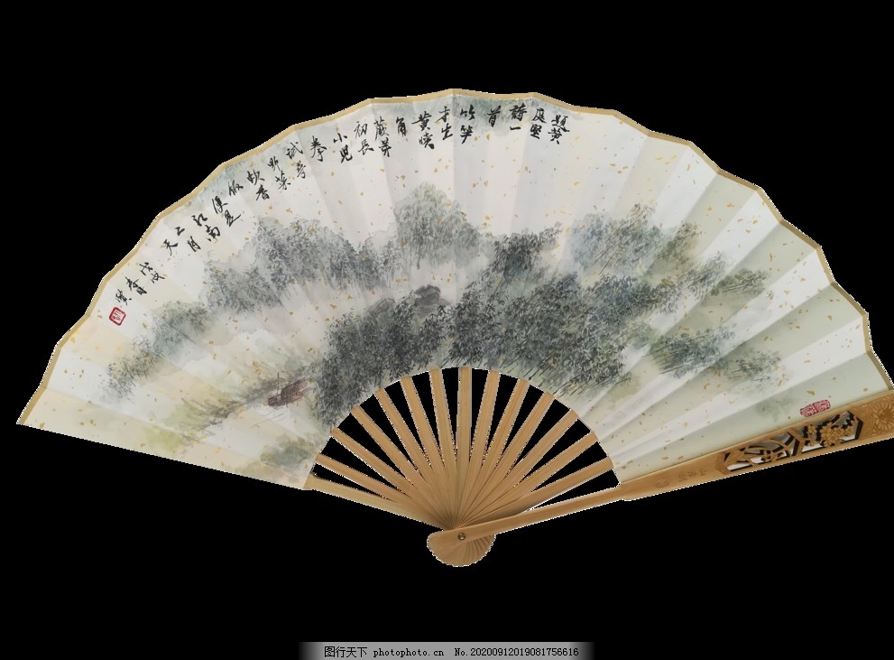 中国 雲溪竹人刻親骨 水墨画 漢詩花図 扇子 M R8802